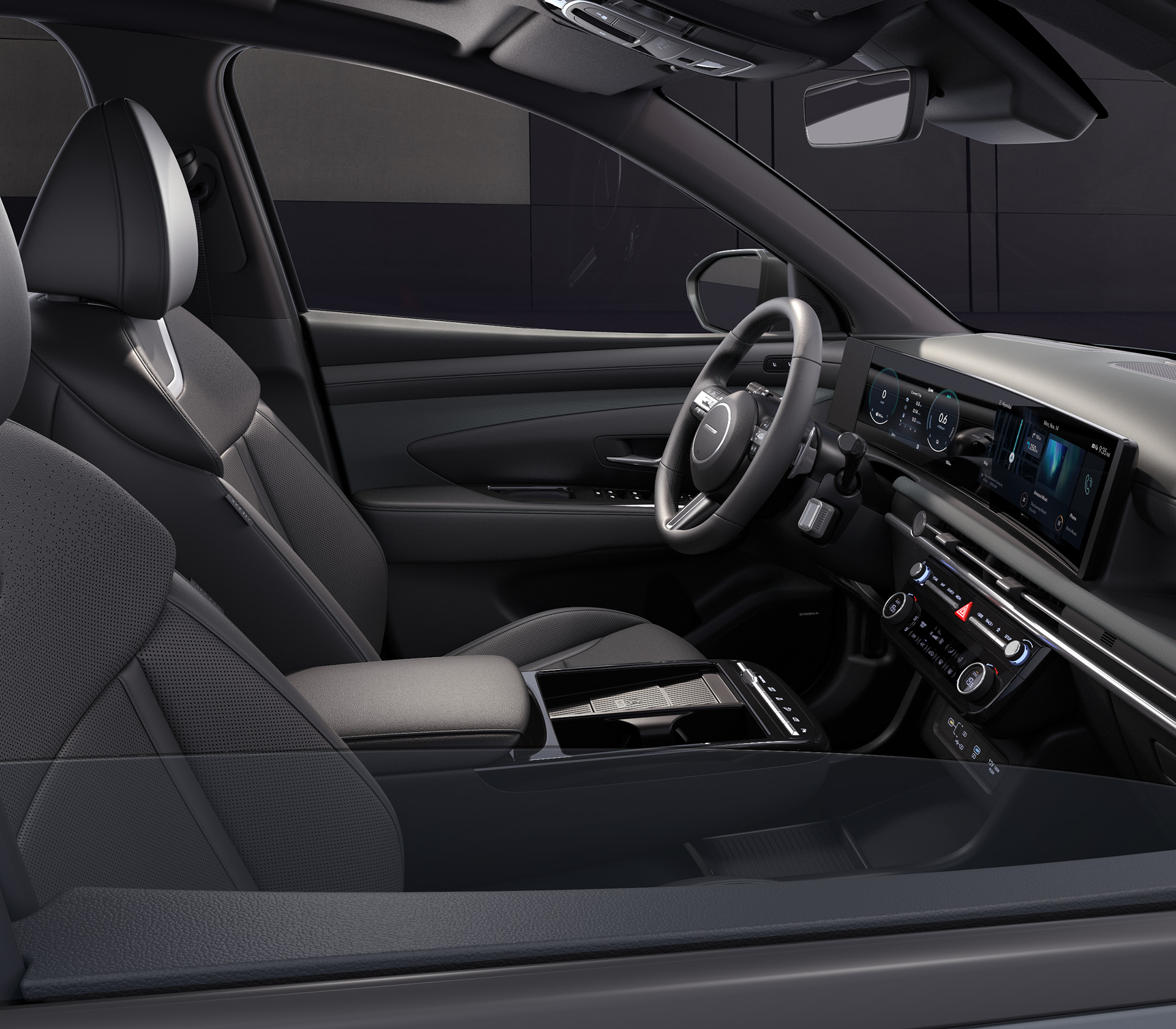 Hyundai TUCSON Innenansicht seitlich auf die Vordersitze und das Cockpit durch das vordere rechte Lenkrad