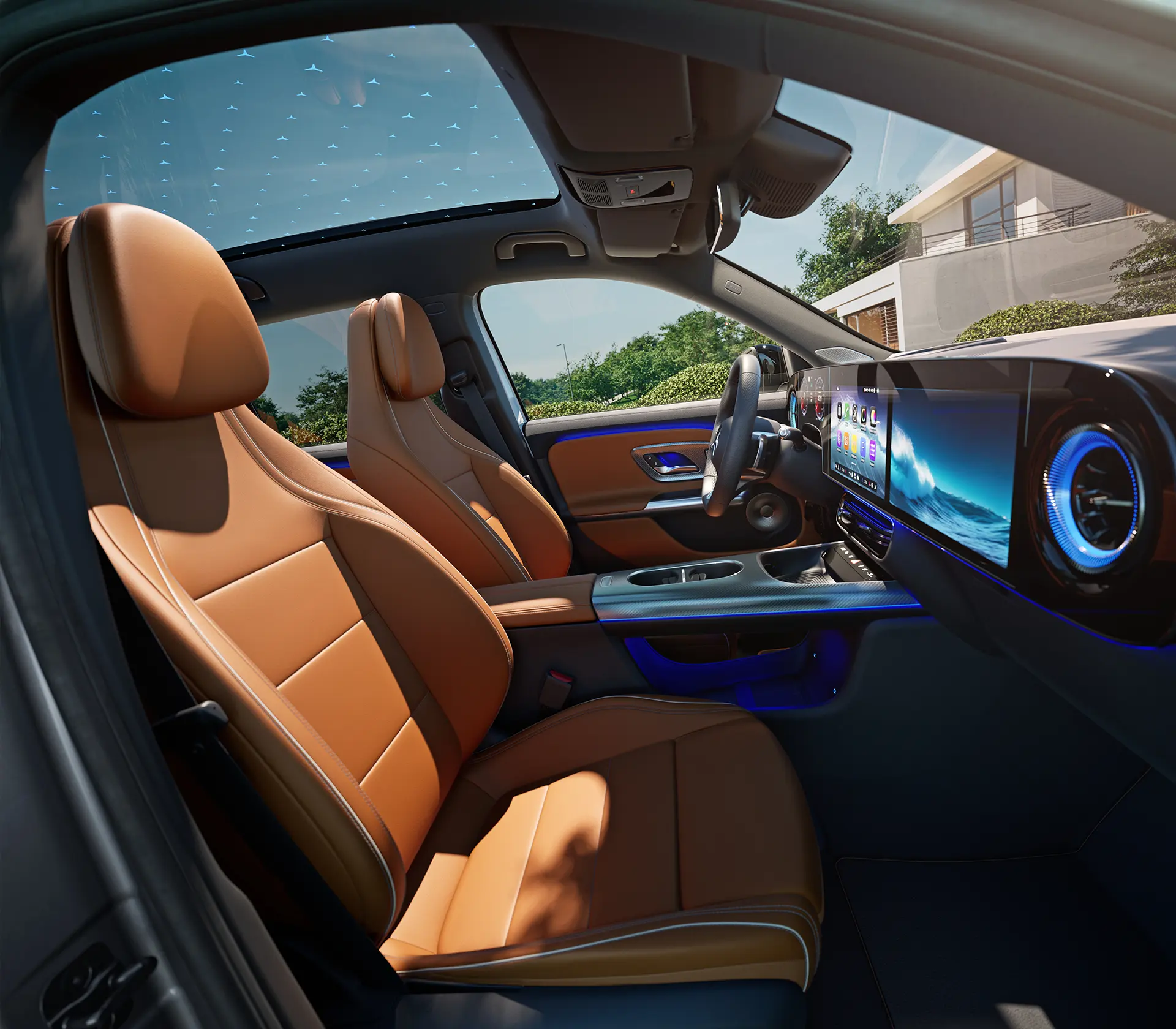 Seitenansicht auf die Sitze und den Hyperscreen des GLB