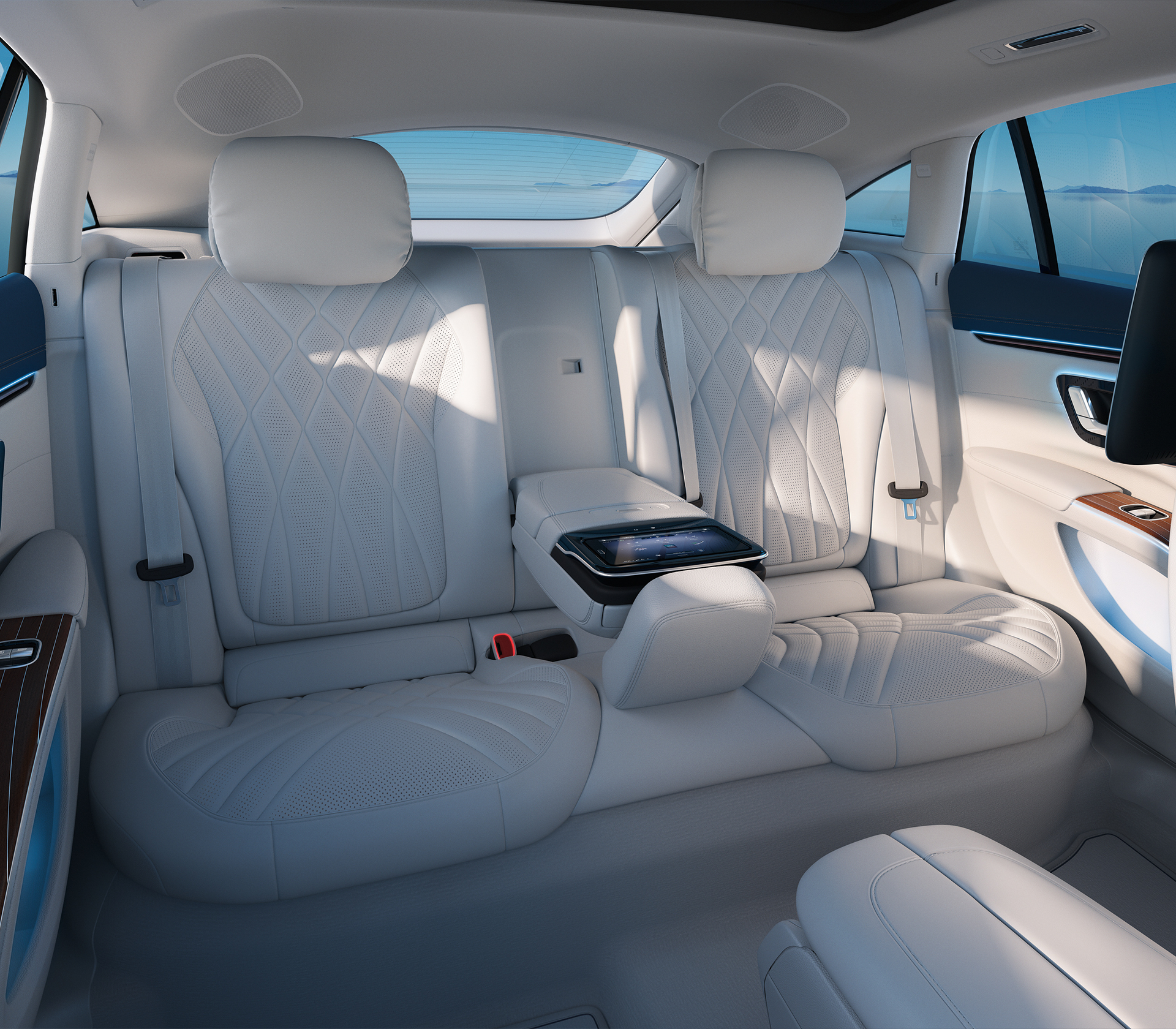 Mercedes-Benz EQS-Limousine Innenraum mit weißen Hintersitzen