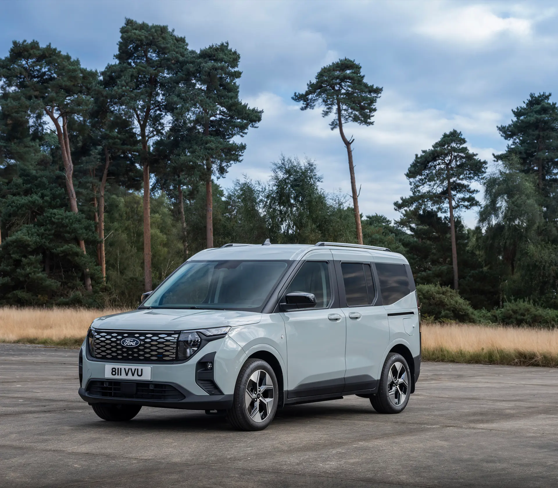 grauer E-Tourneo Courier mit Bäumen im Hintergrund