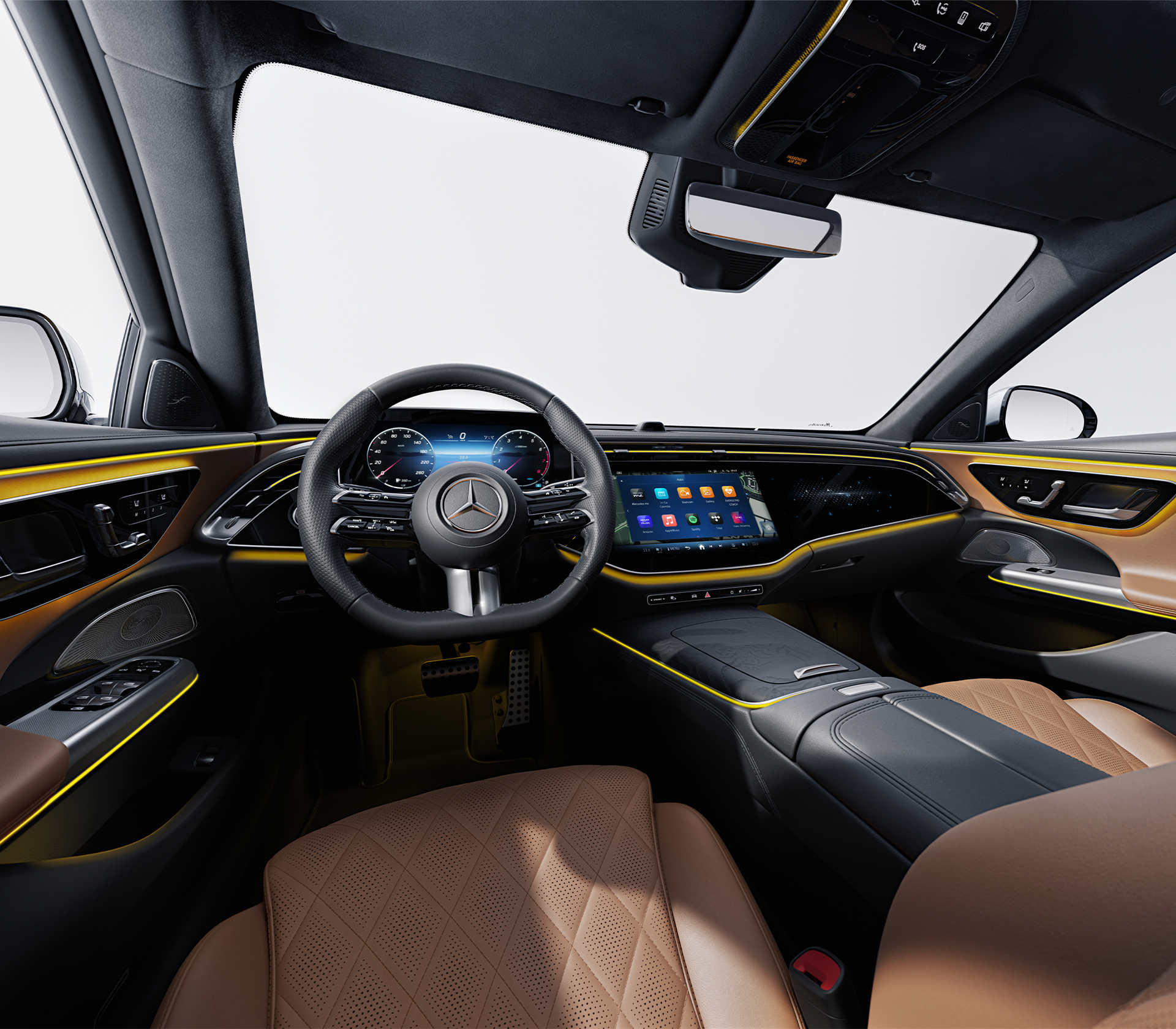 Mercedes-Benz E-Klasse T-Modell All Terrain Innenansicht mit braunen Ledersitzen.