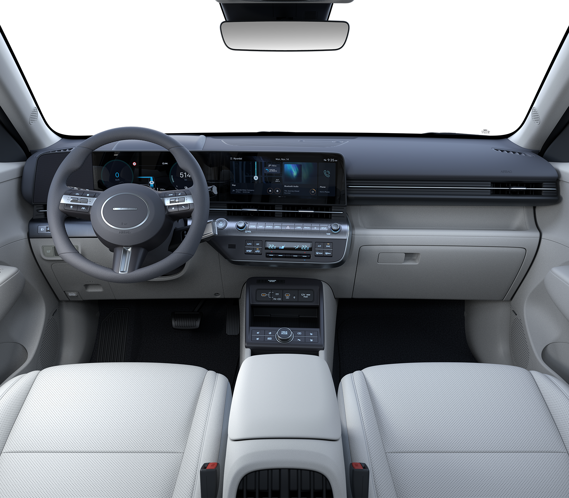 Hyundai SUV Kona elektro Innenraum weiße Sitze Bildschirm und Lenkrad