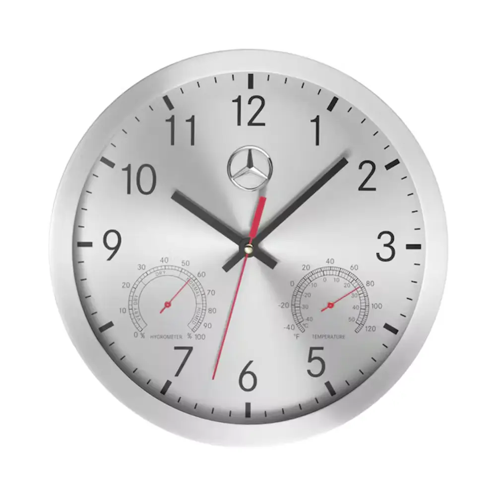 Mercedes-Benz Wanduhr Aluminium mit Thermometer mit Hygrometer & 3D-Stern