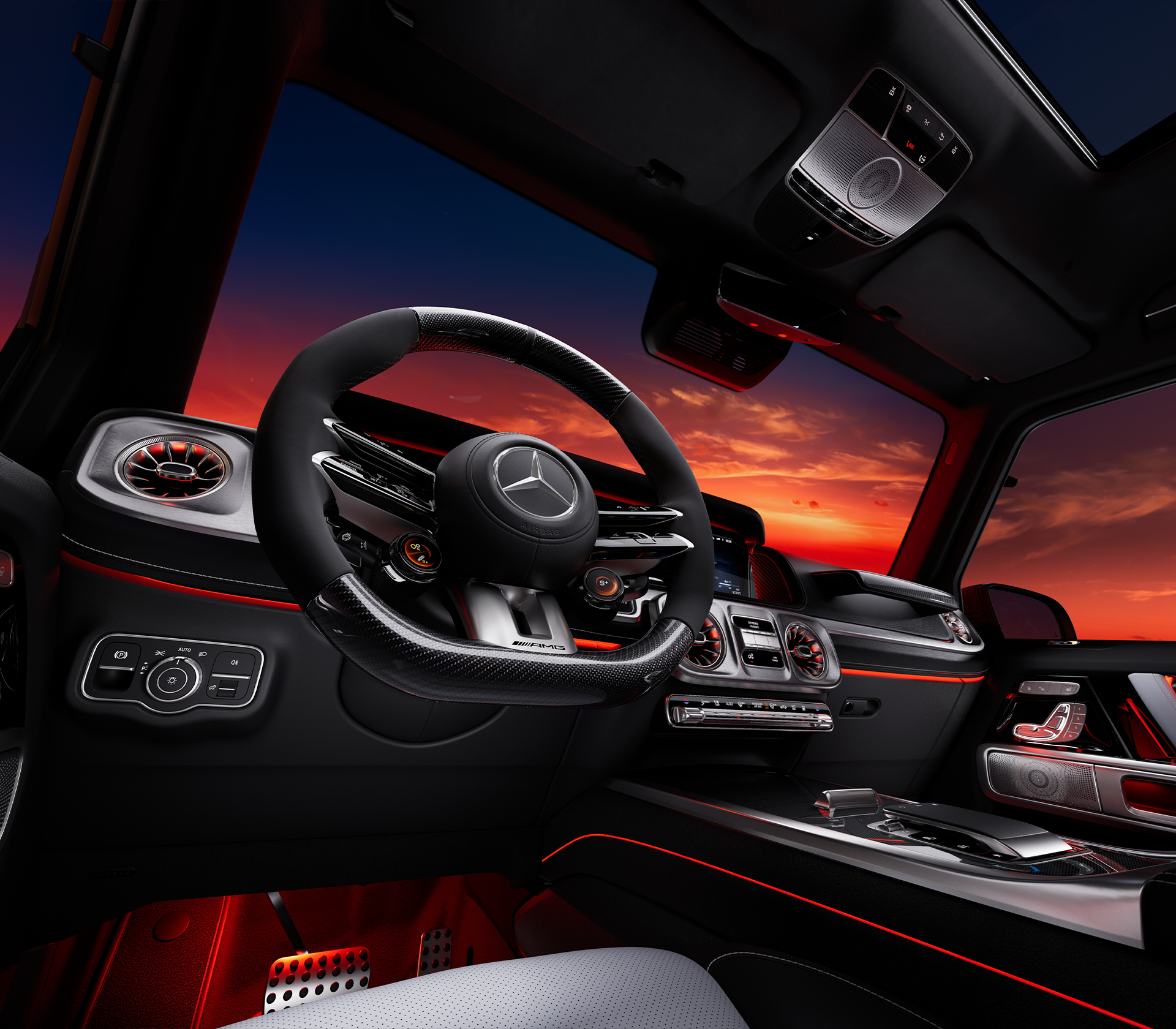 Mercedes-Benz G-Klasse Innenraum Ansicht auf das Lenkrad on unten vom Fahrersitz und den Innenraum