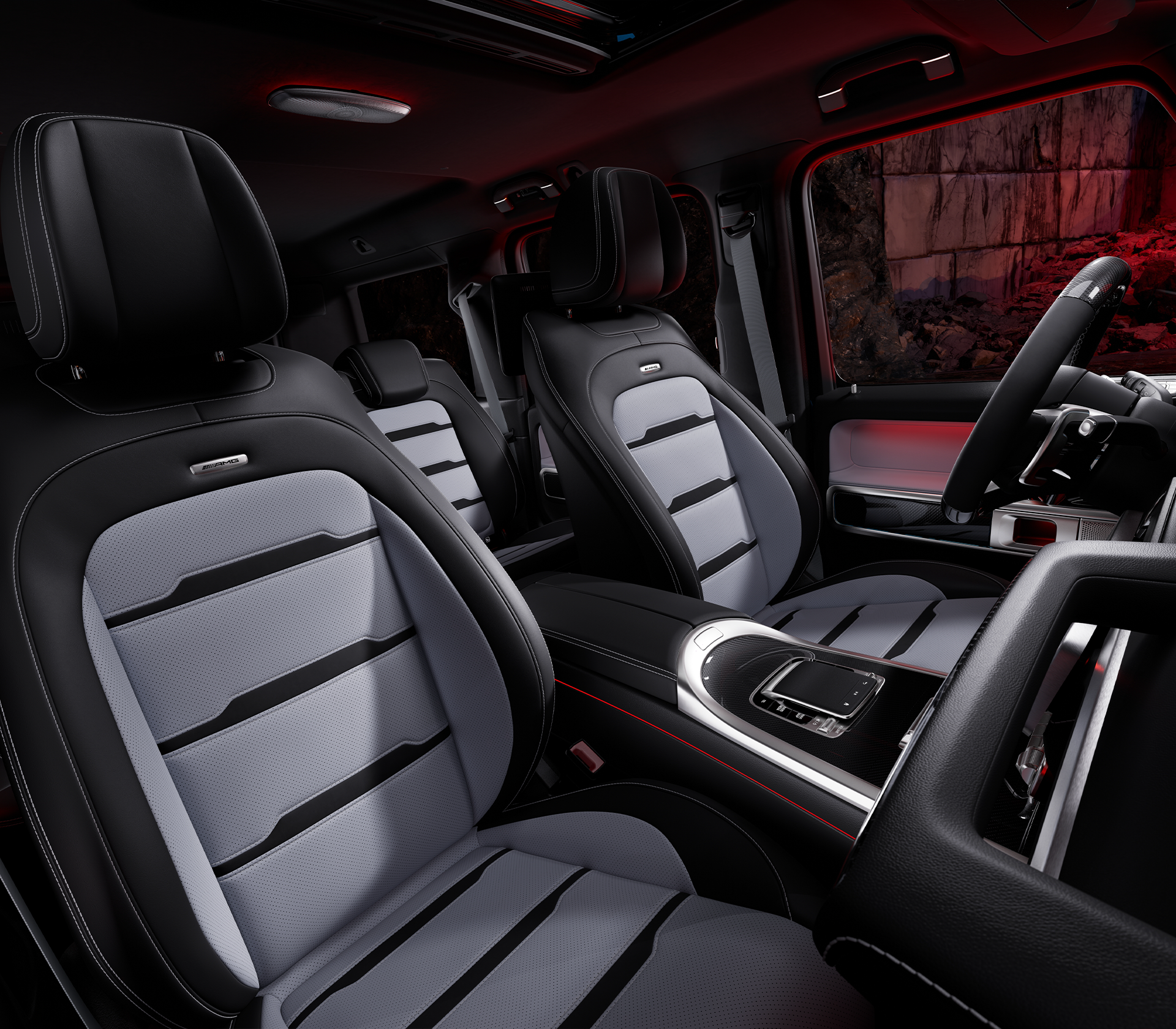 Mercedes-Benz G-Klasse Vordersitze von vorne in weiß schwarz