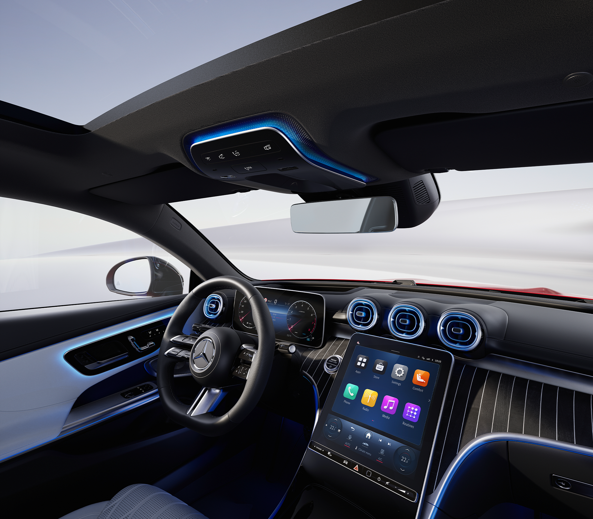 Mercedes-Benz CLE Coupe Innenansicht mit Lenkrad und Bildschirm