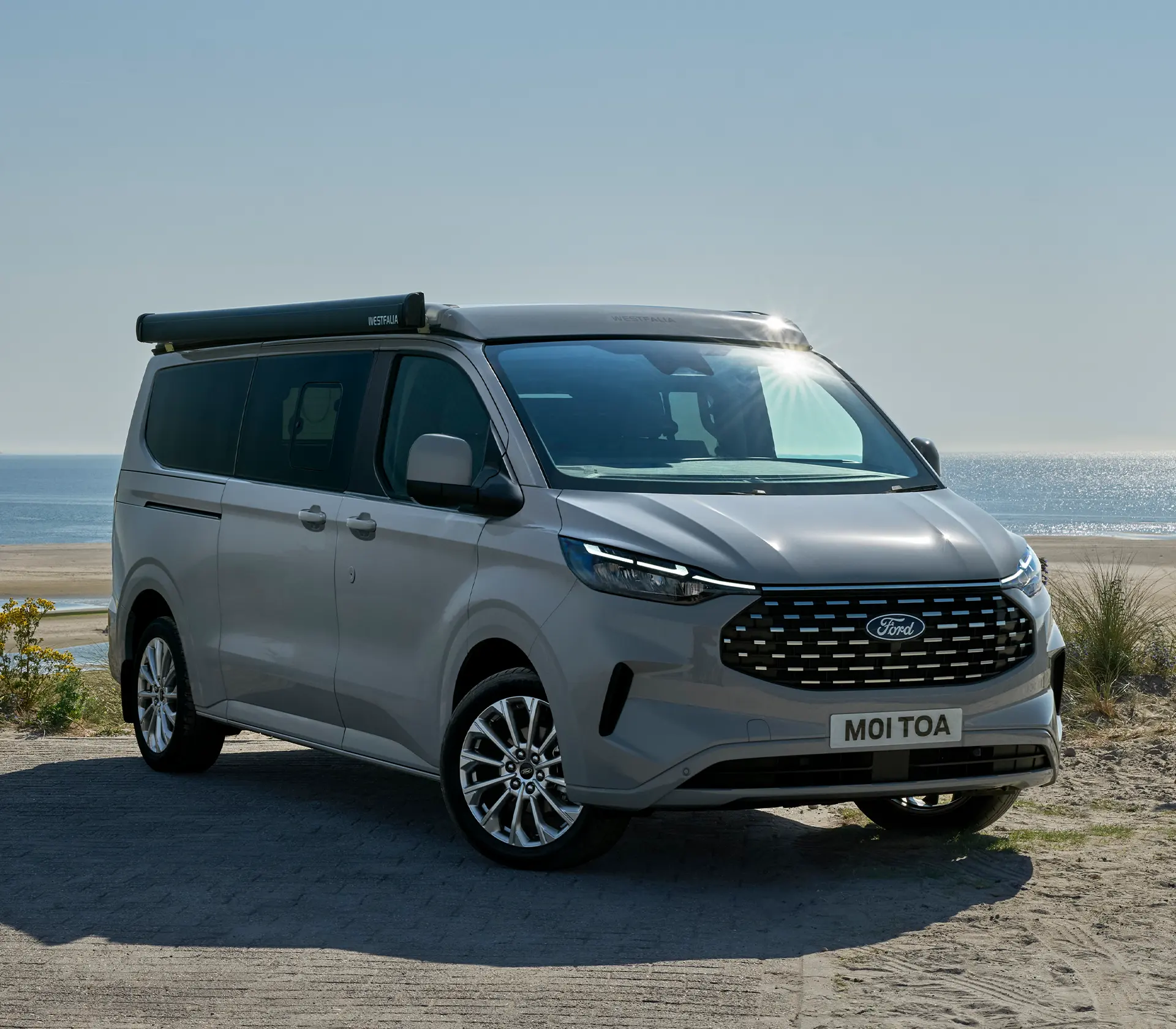 grauer Ford Nugget mit Meer im Hintergrund