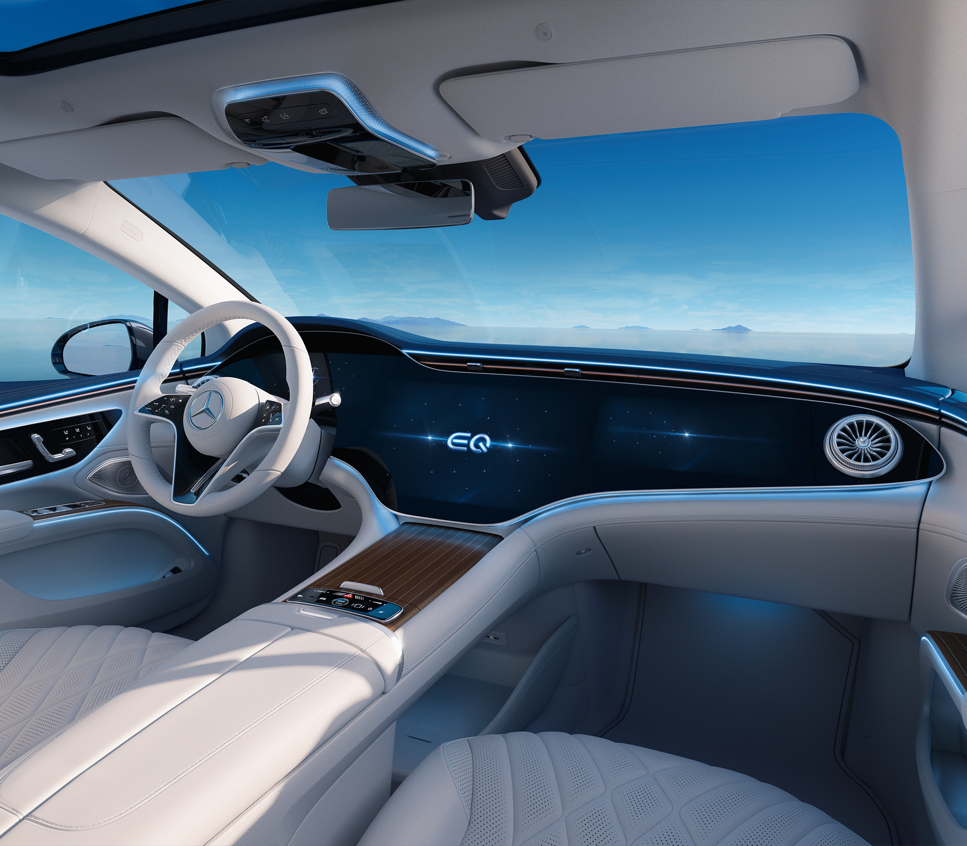 Mercedes-Benz EQS-Limousine Innenraum mit weißen Hintersitzen